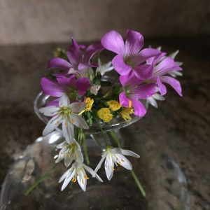 Bouque of small white lily, yellow aster, and pink oxalis